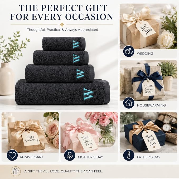 Personalized Towels -Set of 6 - Customized Turkish Bath Towel - Cotton Towel Set -Monogrammed Towels with Initials Name Embroidery - Embroidered Towel (Anthracite, 6 Pieces - Towel Set)