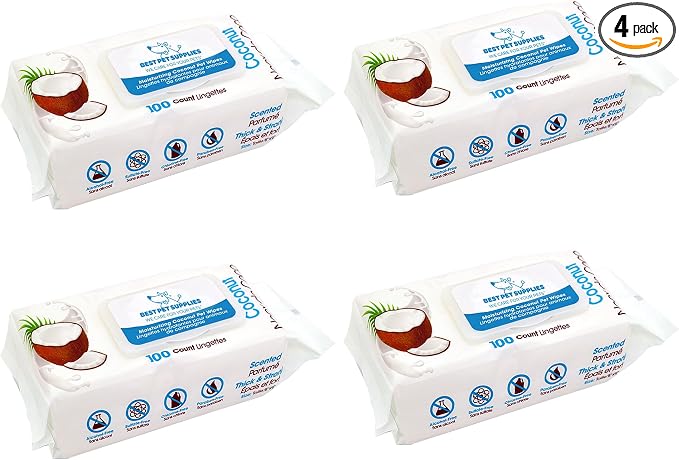 Best Pet Supplies 8" x 9" Large Dog Wipes - Cleaning and Deodorizing for Paws and Coat - Gentle Formula with Coconut Vitamin E for Puppies and Cats - 400 Count