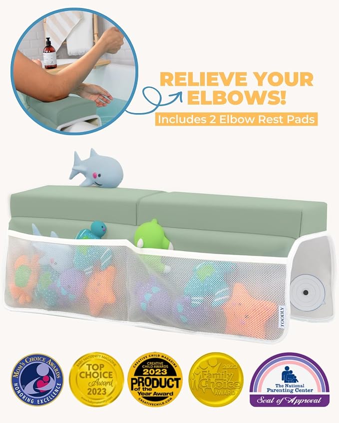 Comfortable Baby Bath Kneeler and Elbow Rest Pad Set – Thick Memory Foam Bath Kneeling Pad with Elbow Support – Baby Bathtub Cushion with Toy Organizer for Bathing Infant or Toddler - Green