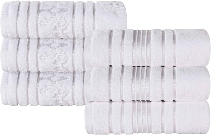 Superior Cotton Hand Towel Set, Small Towels, Plush Soft Absorbent Bathroom Basics, Home Essentials, Spa, Salon, Hotel, Kitchen, Luxury Quick Drying, Zero Twist Assorted Floral Set of 6, White