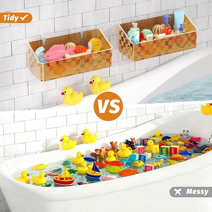 2 Pack Bath Toy Storage Holder, Large Capacity Bath Toy Organizer for Tub | Holder for Bathroom, Bedroom & Kitchen, Organize Shower Toy, Shampoo, Bath & Kitchen Items, ABS Quick-Dry, Sheer Gray, Brown