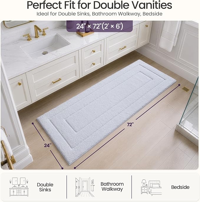 DEXI Bathroom Rug 72x24, Non Slip Washable Bath Mat Runner for Shower Floor, Extra Long Absorbent Soft Bathmat with Rubber Backing, Quick Dry Microfiber Carpet, White
