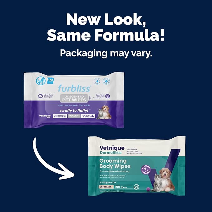 Vetnique Furbliss/Dermabliss Pet Wipes for Dogs & Cats for Grooming, Cleansing & Deodorizing, Thick Dog Wipes for Convenient Dog Cleaning with Natural Deodorizer, 100ct (NEW Unscented)