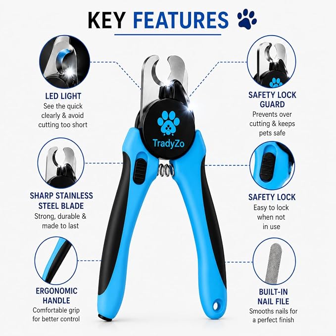 LED Dog Nail Clippers with Light, Pet Nail Trimmer for Dogs & Cats, Sharp Toenail Clipper with Quick Sensor, Thick Claw Cutter for Large, Small & Puppy Pets, Grooming Tool