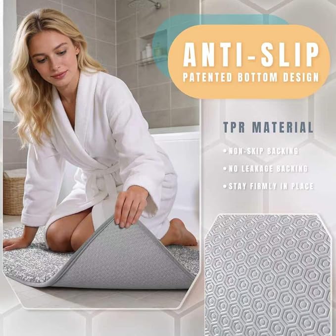 Yimobra Cushioned Anti-Fatigue Bathroom Rug, Bath Mat Non Slip Washable, Dense Soft Microfiber for Bathroom Sink, Shower, Tired Feet Comfort, Absorbent, 32" X 20", Grey and White