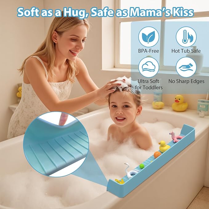 31” Bathtub Splash Guard Shelf with Strong Suction Cups, Silicone Tub Water Guard Organizer for Shampoo & Bath Essentials, No-Mess Spill Protection – Blue