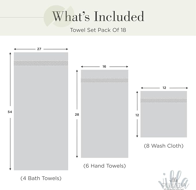 18-Piece 100% Cotton Towel Set, 4 Bath Towels, 6 Hand Towels, 8 Wash Cloth, Quick-Dry, Sage