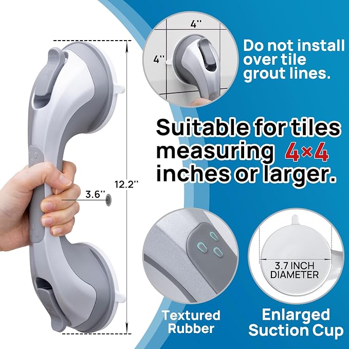 LEVERLOC Grab Bars for Shower Suction Bathtub Safety Rails, Heavy Duty 12 Inch Shower Handle Removable Bath Handrails for Seniors and Elderly, Bathroom Safety Grip No Drilling Waterproof Silver