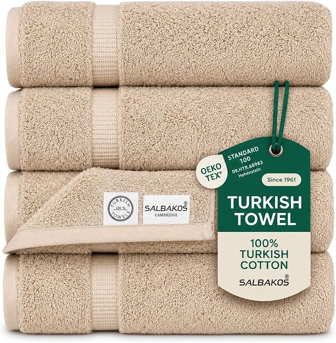 SALBAKOS 100% Turkish Cotton Bath Towels | 4 Piece Turkish Bath Towels Taupe 27x54 in Standard Size | Premium Hotel Quality, Super Absorbent, Thick & Plush Turkish Bath Towel (Taupe, 4 Bath Towels)