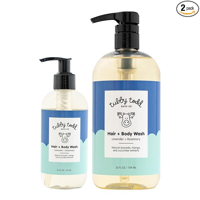 TUBBY TODD Hair + Body Wash - Baby Shampoo and Body Wash - Gentle, Natural Baby Was for Newborns, Babies, and Toddlers - Non-Toxic and Hypoallergenic - Lavender Rosemary, 2 Pack, 8.5oz & 25oz