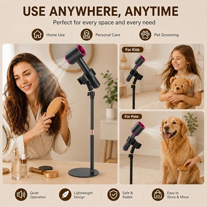 Hair Dryer Stand Holder, Hands-Free Adjustable Countertop Stand, Stable Round Base, 360° Rotating Ball Joint, Fits Most Hair Dryers, Black