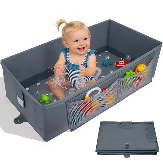 Baby Bathtub, Foldable Toddler Bath Tub for Shower with Side Toy Net | bathtub for toddlers 6M-3Y, Newborn to Kids Baby Shower Gifts & Travel Essentials for Hotel, Camping, Beach, Grey Blue