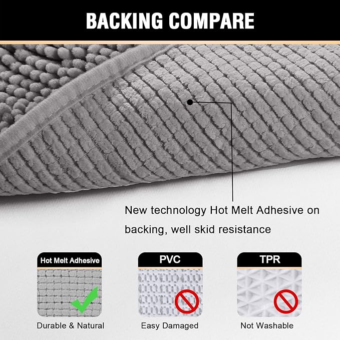 H.VERSAILTEX Bath Mat for Bathroom Non Slip Luxury Chenille Ultra Soft Bath Rugs 24x36 Absorbent Non Skid Shaggy Rugs Washable Dry Fast Plush Area Carpet Mats for Indoor, Bath Room, Tub - Grey