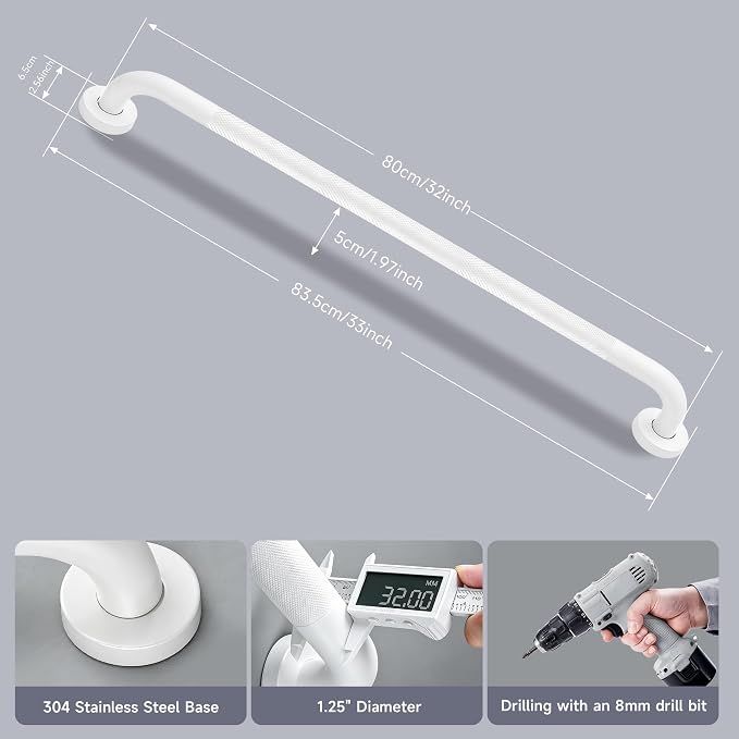32 Inch Shower Grab Bar 1.25" Dia, 2 Pack White Anti Slip Bathroom Grab Bar, 304 Stainless Steel Knurled Handicap Grab Bars, Safety Support Handrail,Bath Shower Handle for Elderly Injury Senior