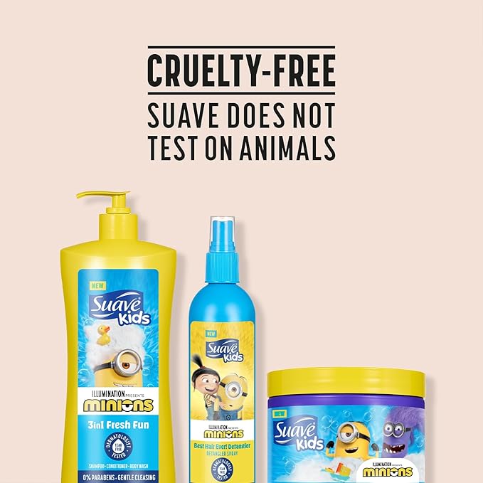 Suave Kids + ChapStick Minions 4-Piece Bundle – 3-in-1 Shampoo, Conditioner & Body Wash, Coco-Craze Slime, Hair Detangler Spray, and Banana-Flavored Lip Balm Set