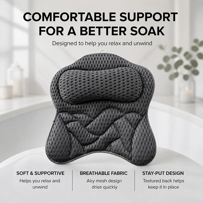 Bath Pillow for Tub,3D Mesh Neck Support,Non-Slip Suction Cups,Grey | Butterfly Design Bathtub Pillow with Bath Puff,for Head Neck Shoulder,Fast Drying,Machine Washable,Shower Gift for Adult