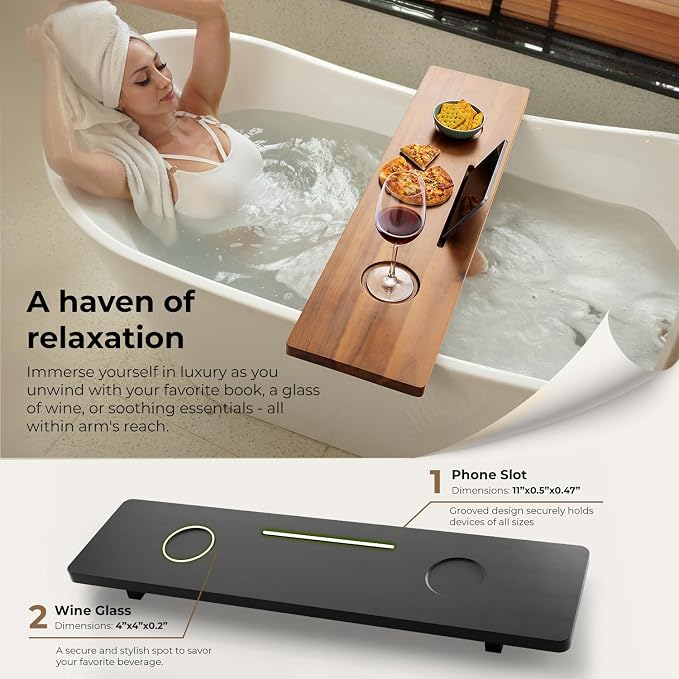 TINAMO 35" Acacia Wood Bathtub Tray, Adjustable Feet with Accessory Holders | Adjustable Width, Lightweight, 35" x 9" x 2.5", Anti-Tipping, Phone/Tablet Stand, Beverage Holder, Beveled Edge Design, Black