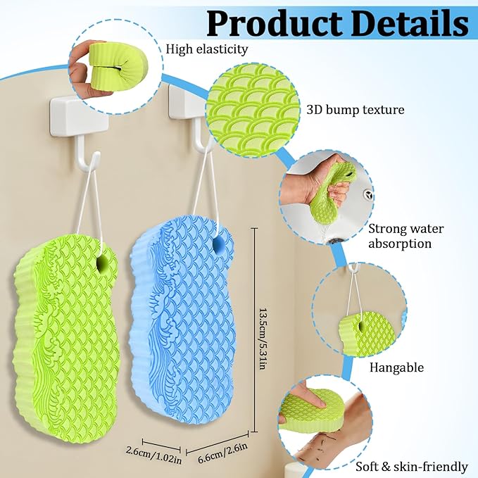 2Pcs Magic Exfoliating Bath Sponge, 3D Ultra-Soft Body Exfoliating Sponges, Deep Cleansing Dead Skin, Lanyard Bath Sponge for All Skin Types,Suitable for Both Men and Women (Blue+Green)