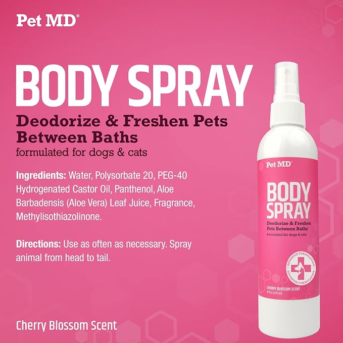 Pet MD Body Spray for Dogs & Cats, Deodorizing Dog Perfume Reduces Static & Eliminates Odor - Long-Lasting Pet Cologne Spray for Dogs - Cherry Blossom