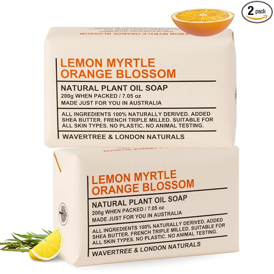 Wavertree & London Lemon Myrtle & Orange Blossom Scented Natural Soap Bars (2 Bars), 7oz Moisturizing French Triple Milled Soap enriched with shea butter - Bath & Body Bars [100% Naturally derived]