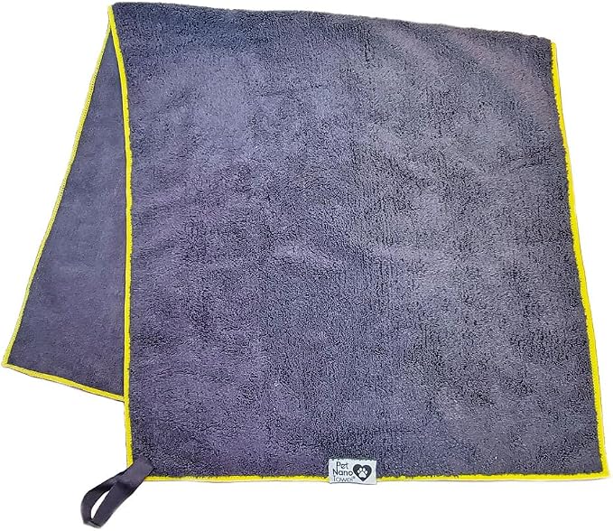 Nano Towels Pet Luxury Grooming Towel. Use for Cleaning, Washing, Dog and Cat Hair Bath Drying Cloth. Safe and Pet Friendly Grooming. No Shampoo Needed. Tiki Pete Noir Grey/Yellow Trim. Large 20x40