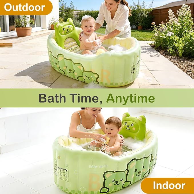 Inflatable Baby Bathtub with Seat Cushion & Air Pump, Newborn to Toddler Bath Tub, Foldable Portable Toddler Tub for Shower Sink, Non-Slip Texture, Quick-Drain, Travel-Ready, Green