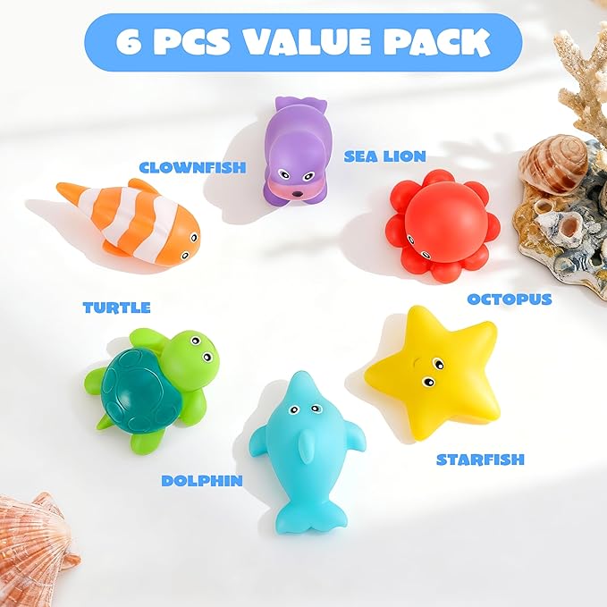 JOYIN 6 Pcs Sea Animal Bath Toys, Sealed & No-Hole & Mold Free Bathtub Toys for Kids, Non-Toxic & Soft Water Vehicles Toys for Boys and Girls, Squeezable & Float on Water, Ideal for Bath & Pool Time