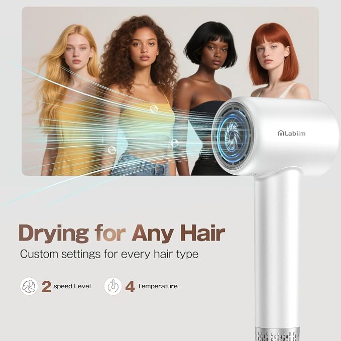 Labiim Hair Dryer, High-Speed 110,000 RPM Brushless Motor Blow Dryer,200 Million Ionic Fast Drying, Lightweight Thermo-Control Quiet Compact Hairdryer with Magnetic Nozzle for Home Salon Travel, White