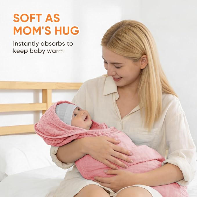 MIGIOL Muslin Hooded Baby Towels 100% Cotton ，Super Soft Muslin Baby Bath Towel - 32 x 32 Inches, Suitable for Newborn and Young Children up to 3 Years Old. (Light Pink & Dark Pink)