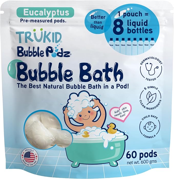 TruKid Bubble Podz Bubble Bath for Kids, Toddlers, & Babies, Tear Free Gentle & Refreshing Bath Bomb for Sensitive Skin with Natural Moisturizers, Non-Toxic, pH Balanced, Eucalyptus Scent (60 Podz)