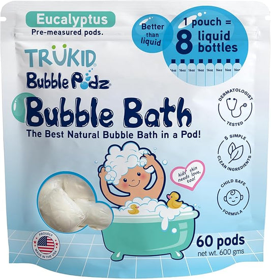 TruKid Bubble Podz Bubble Bath for Kids, Toddlers, & Babies, Tear Free Gentle & Refreshing Bath Bomb for Sensitive Skin with Natural Moisturizers, Non-Toxic, pH Balanced, Eucalyptus Scent (60 Podz)