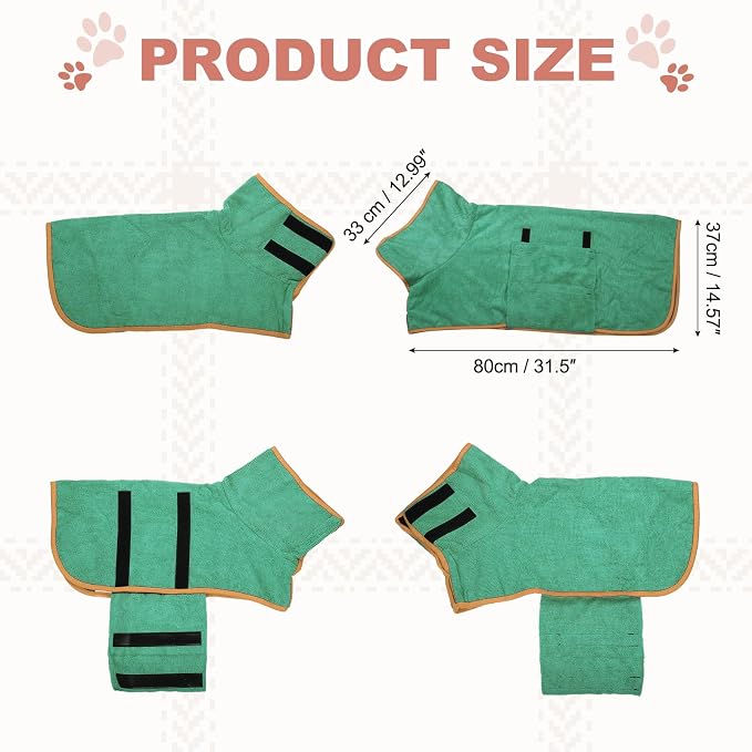 Dog Drying Coat, Dog Robes for After Bath Bathrobe Super Absorbent Towel Soft Adjustable, (L, Dark Green), Intended for Fast Drying Warm Keeping Pet Cats Kitten Puppies