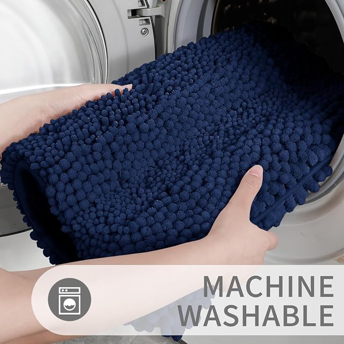 Yimobra Toilet Rugs U Shaped Washable 24 x 20, Non Slip and Super Absorbent Toilet Mat, Quick Dry, Ultra Luxury Microfiber Chenille Plush Fluffy Contour Bath Rugs for Toilet Base, Navy Blue