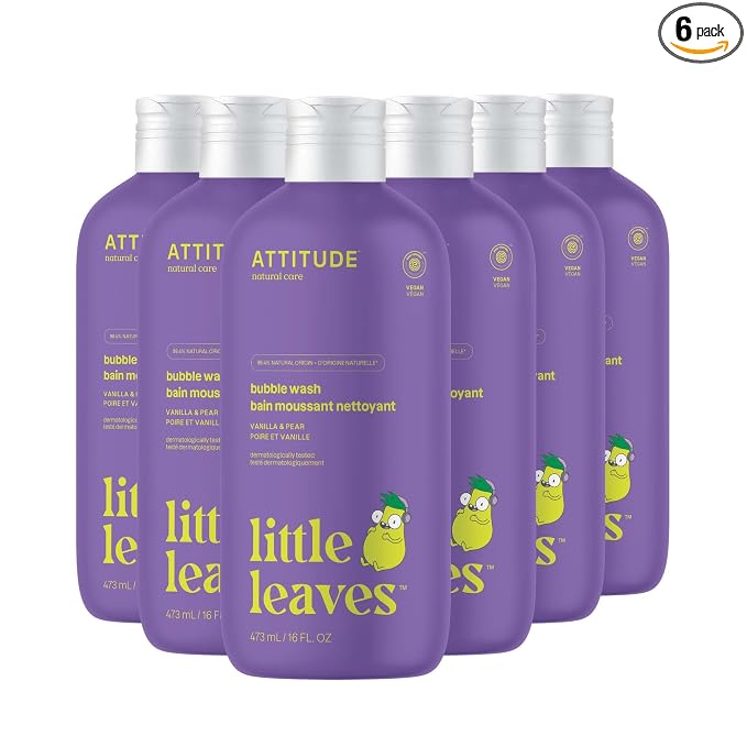 Attitude Bubble Wash for Kids, EWG Verified Bubble Bath, Hair Shampoo and Body Soap, Dermatologically Tested, Plant- and Mineral-Based, Vegan, Vanilla & Pear, 16 Fl Oz (Pack of 6)