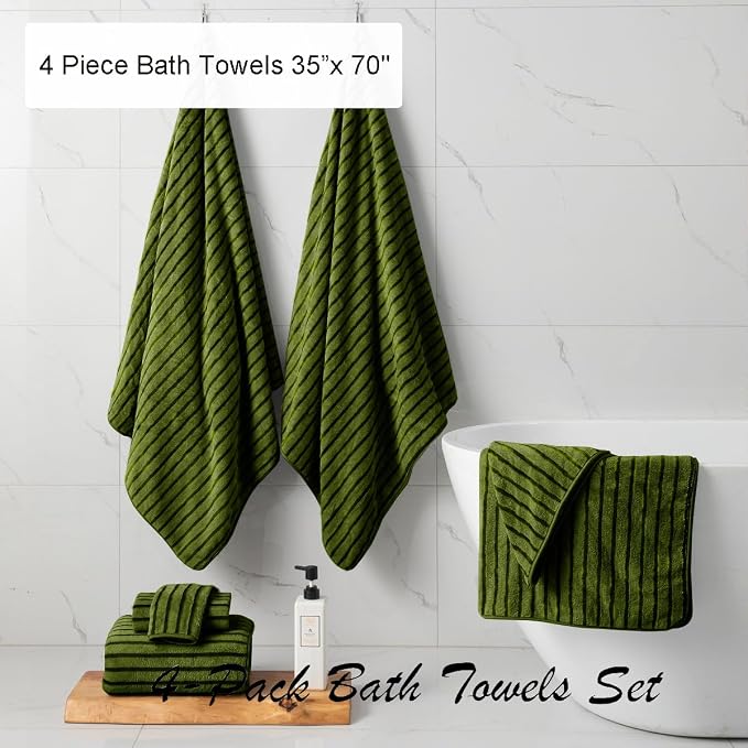 4 Pcs Army Green Cabana Stripe Large Bath Towels 35"x70" Oversized Bath Sheet Soft Breathable Jumbo Bathroom Towels Highly Absorbent Shower Towel Quick Dry Beach Chair Towel Spa Gym Hotel Towel Set