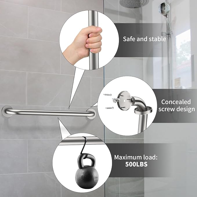 2 Pack 20 Inch Bathroom Grab Bar, ZUEXT Brushed Nickel Shower Grab Bar, Stainless Steel Safety Handrail for Toilet Shower Bathtub, Wall Mounted Handicap Support Bar for Seniors Elderly(1.25" Diameter)