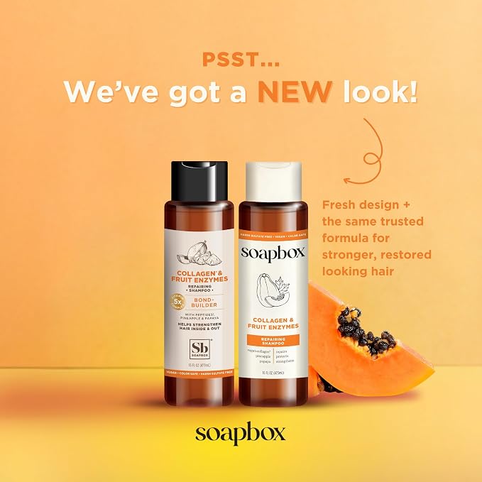 Soapbox Collagen & Fruit Enzymes Shampoo & Conditioner Set, Protects, Repairs & Strengthens Hair - Clean Ingredients Free of Harsh Chemicals, Sulfates, Parabens & Silicones - 16 oz Each