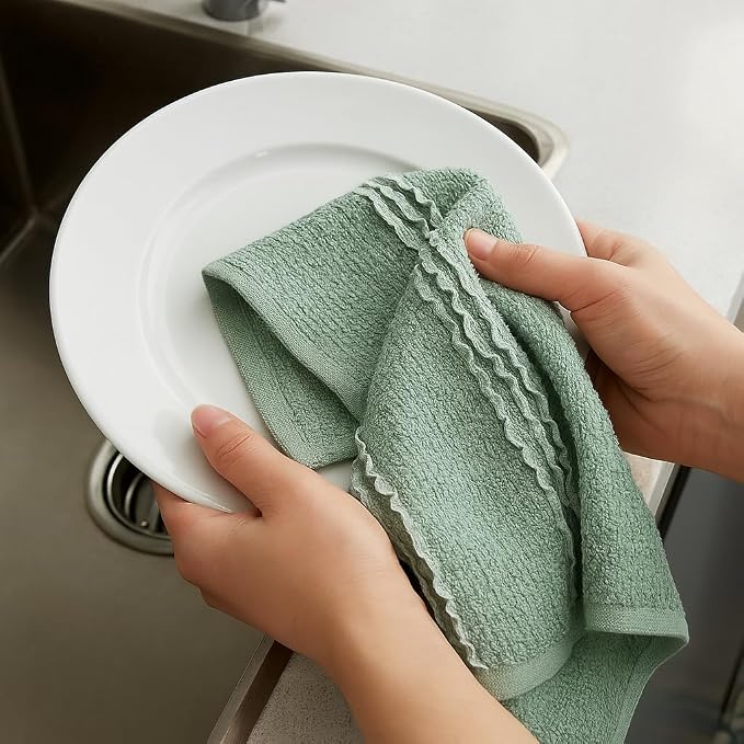 Sage Green Kitchen Dish Towels: 100% Cotton Cloth Soft Cleaning Drying Absorbent Textured Terry Loop, Set of 3 28" x 18" Multipurpose for Everyday Use