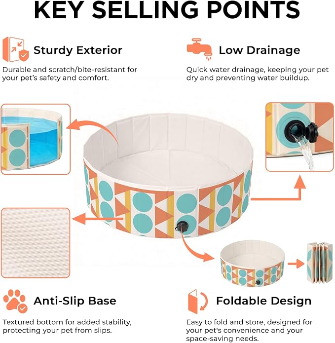 furrybaby Dog Pool for Large Dogs, Foldable Hard Plastic Pet Swimming Pool, Heavy Duty 0.5mm PVC with Non-Slip Bottom, Portable Kiddie Pool for Dogs, Pet Bath Tub for Backyard Summer, Bohemia 47“