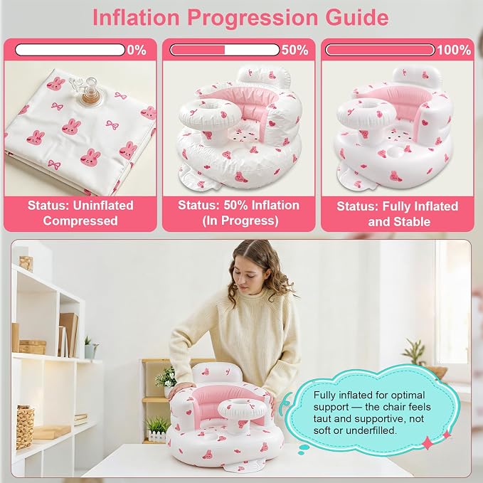 Inflatable Baby Seat for Babies 3-36 Months, Baby Chair with Fence & Built in Air Pump, Blow Up Floor Baby Seat with Back Support, Inflatable Baby Chair Sit Me Up for Home Pink Rabbit-Tray