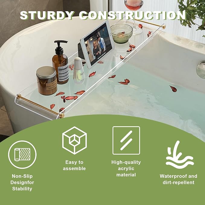 Bathtub Tray Clear Caddy Rack Acrylic Tub Tray Shelf with Gold Rails 31.5 inches Bathroom Accessories Rack Suitable for All Bathtubs.