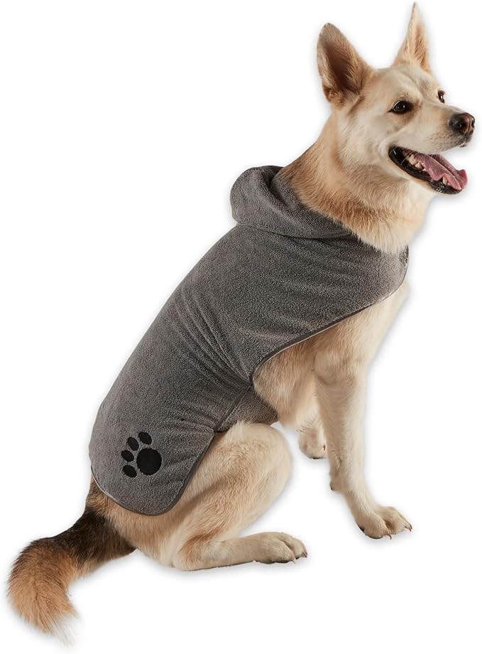 Bone Dry Pet Robe Collection Embroidered Absorbent Microfiber Bath Robe with Adjustable Closure, for Dogs & Cats, Large, Gray
