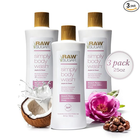RAW SUGAR Simply Body Wash, Beach Rose + Coconut Milk + Shea (25 Fl Oz, Pack of 3) Sensitive Skin Bath Soap, Formulated without Sulfates & Parabens…