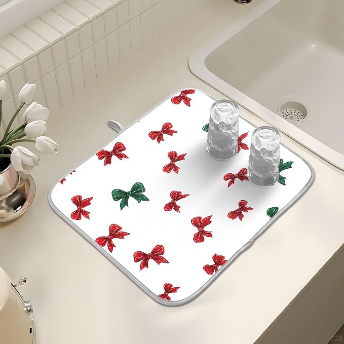 Christmas Bow Pattern Dish Drying Mat, Absorbent Drainer Mats for Kitchen Counter Coffee Maker 18"x16"