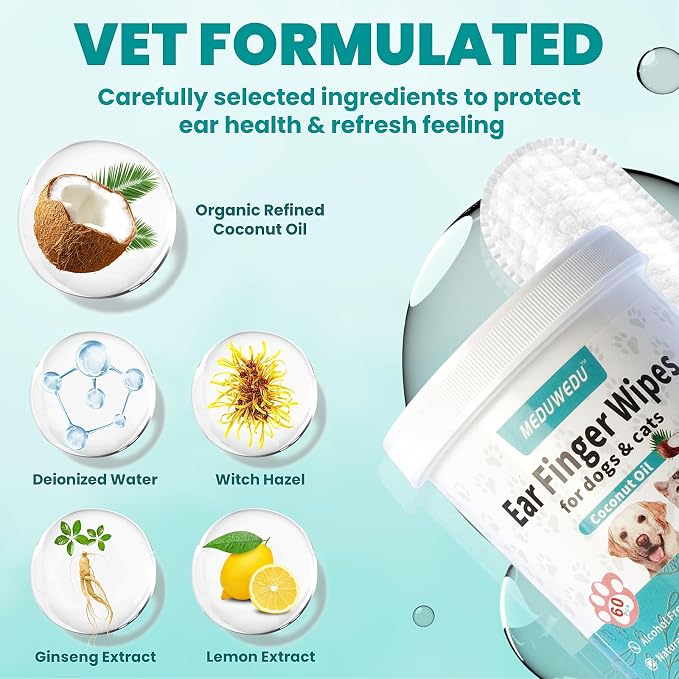 MEDUWEDU Ear Cleaner Finger Wipes 60 Counts, Dog Ear Cleaner, Grooming Kit Care for Dogs and Cats, Soft & Easy Otic Cleaning Pads, Remove Wax, Dirt & Stop Smelly, Itchy, Non-Irritating, Peach Scent