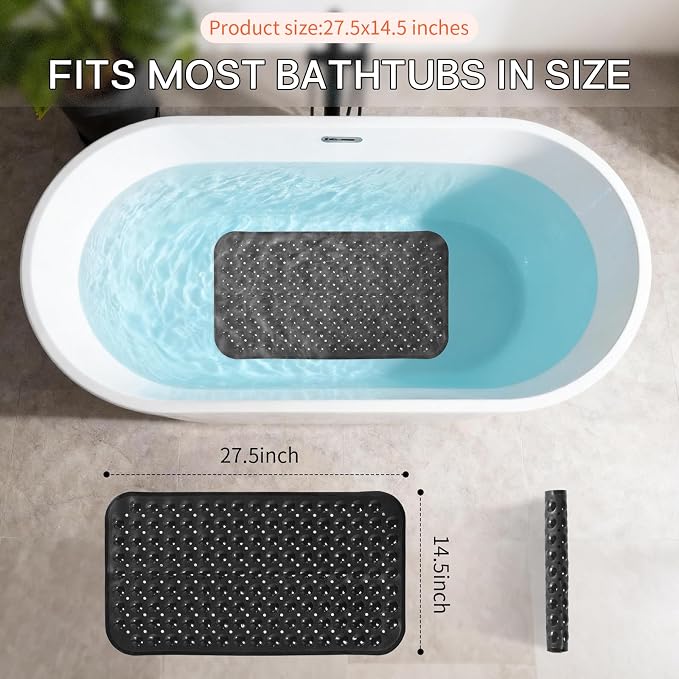 Anti-Slip Bathtub Shower mat, 28×15（ 70×37cm） inch Soft Oversized Machine Washable Non-Slip Bathtub mat with Drainage Holes, Bathroom Floor Suction Cup.（1-Opaque Black）