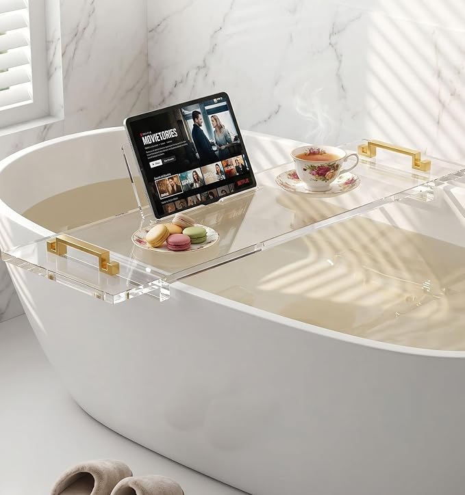 42" transaprent Bathtub Caddy with Gold Handle for Luxury Bathroom Bathtub Acrylic Tray for Large Soaking Tub