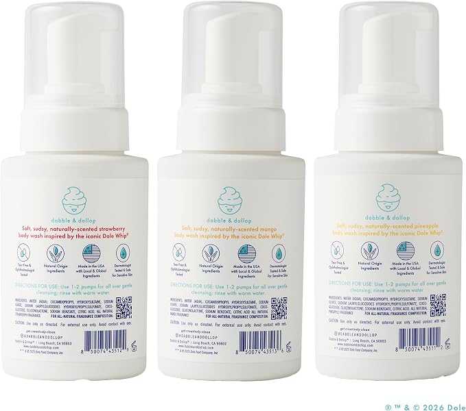 Dabble & Dollop Dole Whip® Foaming Body Wash Variety 3-Pack - Pineapple, Mango & Strawberry, Gentle Body Wash for Kids, Toddlers & Family, Sensitive Skin, Sulfate & Paraben Free (8 fl oz, Pack of 3)