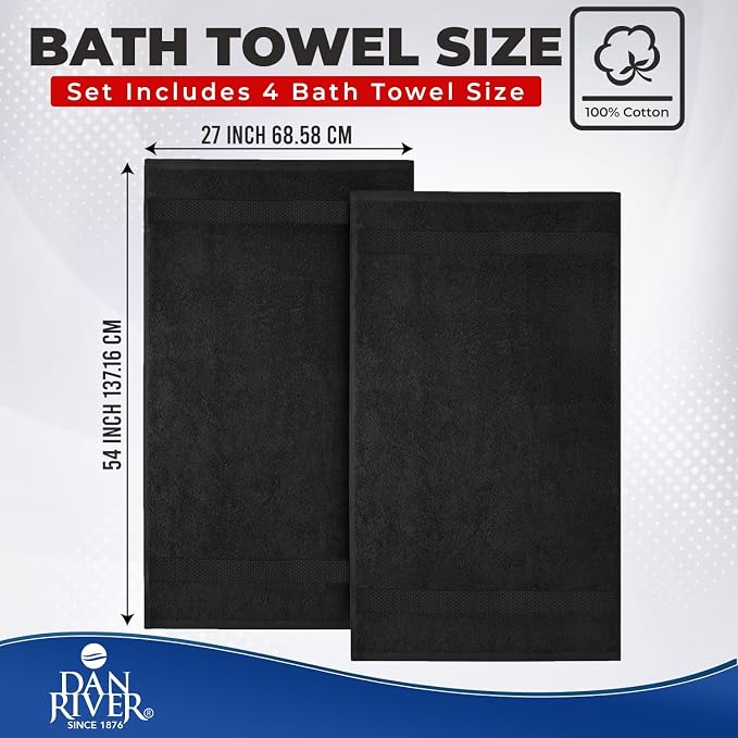 DAN RIVER Large Bath Towels Set of 4, 27 x 54 Inches, 600 GSM Larger & Lighter Weight Towels for Bathroom - Highly Absorbent & Quick Dry 100% Cotton Bath Towel Set for Home, Gym, Spa & Hotel - Black
