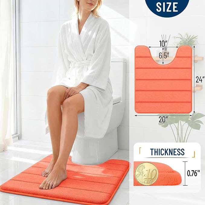 OLANLY Memory Foam Toilet Rugs U Shaped 24x20, Super Soft Absorbent Contour Bath Rugs, Quick Dry, Machine Washable Toilet Mat, Bathmat Floor Carpet, Bathroom Home Decor Accessories, Coral